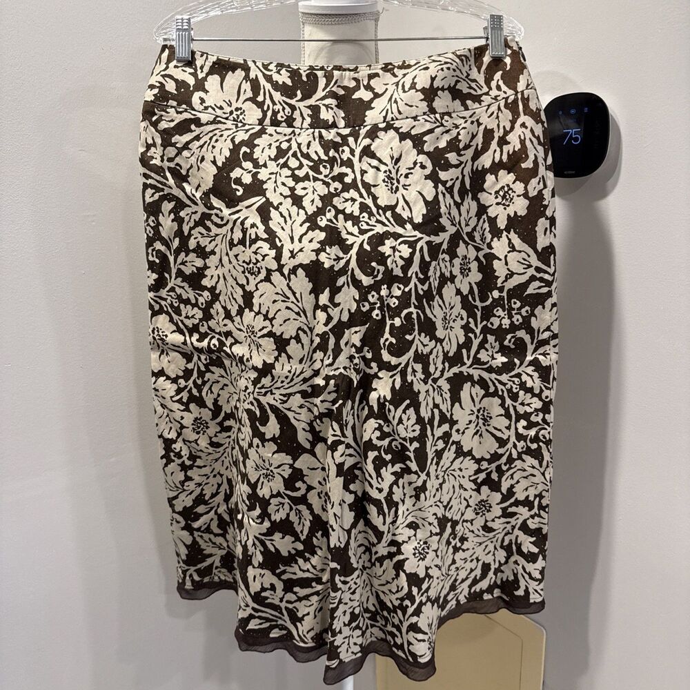Style & Co. 100% Linen Brown Ivory Floral Modest Casual A-Line Skirt Women 12